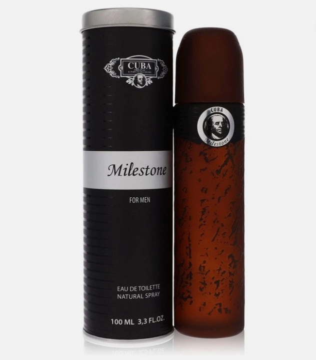 Cuba Milestone Eau de Toilette for men, showing the black cylindrical packaging canister next to the amber-brown glass spray bottle with a dark cap on a light gray background.