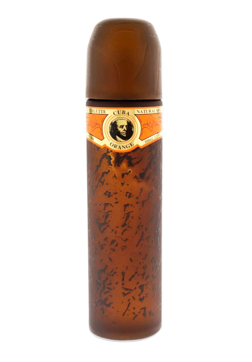 A brown glass bottle with a matching brown cap, featuring a decorative label with a portrait and the text 'CUBA ' and 'ORANGE'.