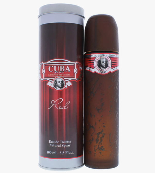 Cuba México Red Eau de Toilette natural spray bottle and its matching cylindrical packaging box, featuring a dark brown and red design with a portrait of Pablo Escobar.