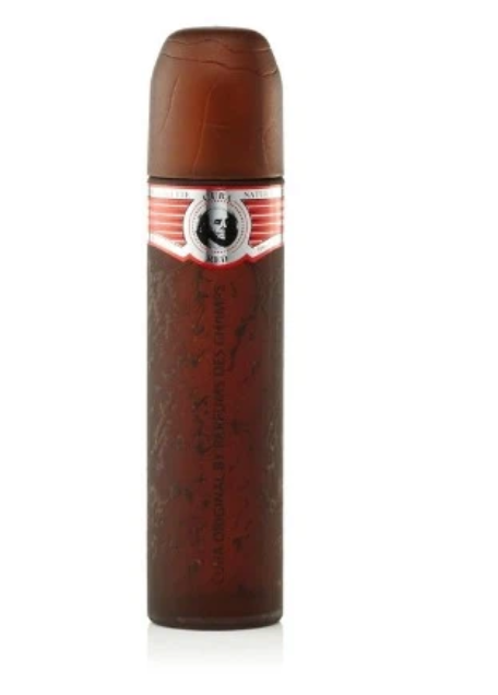 A brown cylindrical bottle with a matching brown cap, featuring a red and white label with a black portrait, set against a plain white background.