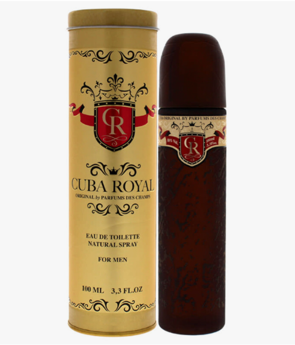 Cuba Royal Eau de Toilette Natural Spray for men, shown with its gold cylindrical packaging tube and the dark brown spray bottle next to it on a white background.