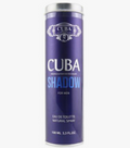 A cylindrical canister of Cuba Shadow Eau de Toilette for men, featuring a deep purple label with silver and blue lettering, set against a plain white background.