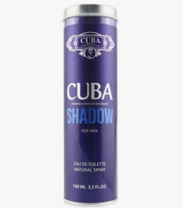 A cylindrical canister of Cuba Shadow Eau de Toilette for men, featuring a deep purple label with silver and blue lettering, set against a plain white background.