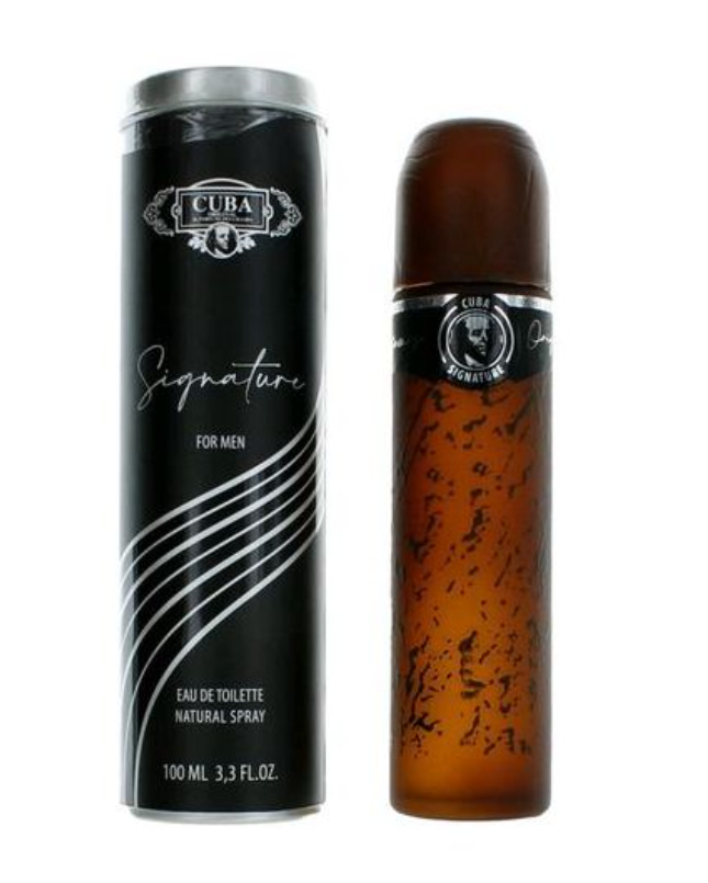 Cuba Signature For Men Eau de Toilette set, featuring a tall black cylindrical canister with silver accents and a brown glass spray bottle with a dark cap, shown on a white background.