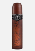 A cylindrical deodorant spray canister designed to look like a cigar, featuring a textured dark brown and reddish-brown pattern, with a black band label that reads 'Cuba Signature'.