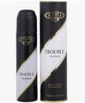 Cuba For Women Trouble Eau de Parfum 100ml bottle and matching cylindrical packaging box, both in black and white with gold accents.