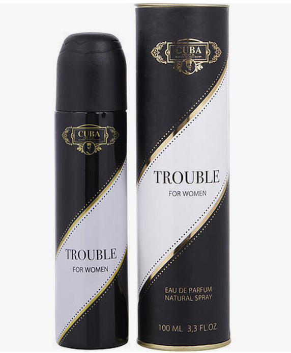 Cuba For Women Trouble Eau de Parfum 100ml bottle and matching cylindrical packaging box, both in black and white with gold accents.