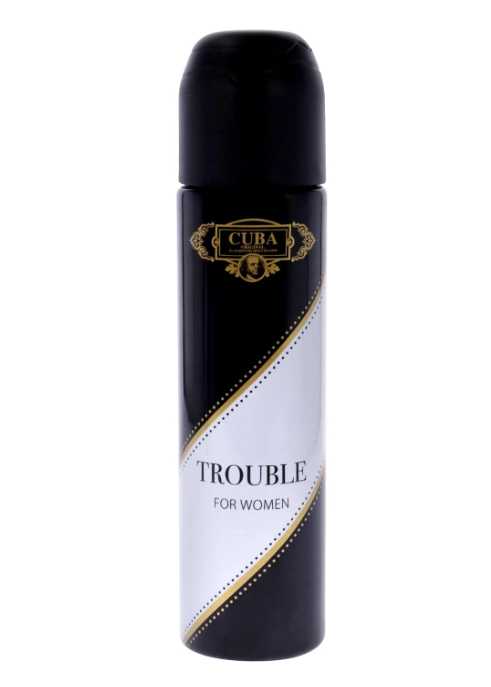 A black cylindrical roll-on deodorant can with a white diagonal label and gold accents. The label reads 'TROUBLE FOR WOMEN' and features a gold crest with 'CUBA' at the top.