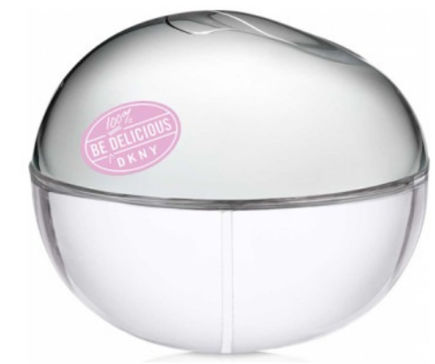 DKNY 100% Be Delicious Eau de Parfum bottle, featuring a clear, egg-shaped glass container with a metallic silver cap and a pink oval logo sticker on the side.
