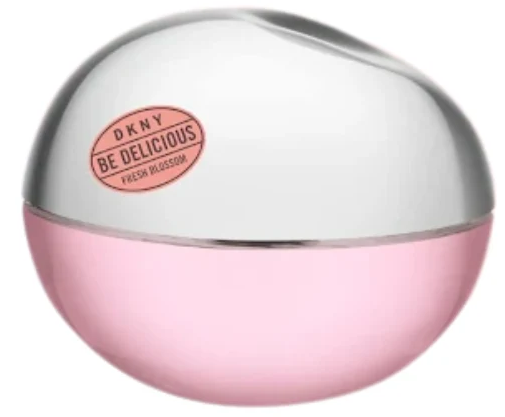 DKNY Be Delicious Fresh Blossom perfume bottle with a glossy pink lower half and a reflective silver upper dome, featuring a pink circular logo sticker.