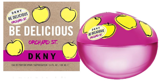 DKNY Be Delicious Orchard St. perfume spray bottle and its packaging box.