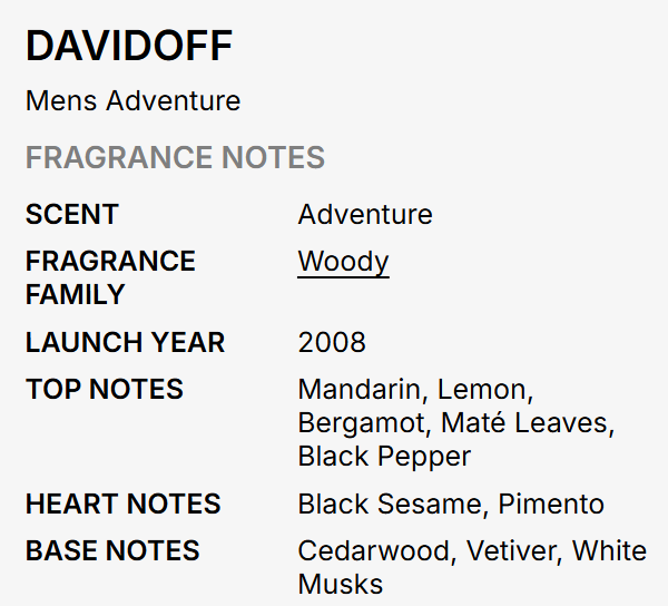 A text-based fragrance notes card for Davidoff Mens Adventure, showing scent family as Woody and listing top and base notes on a light gray background.