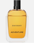 Davidoff Adventure Eau de Toilette bottle with amber-colored liquid, a clear glass body, and a black cap on a light gray background.