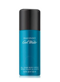 A Davidoff Cool Water all over body spray bottle with a black cap and a bright teal blue body, shown on a plain white background.
