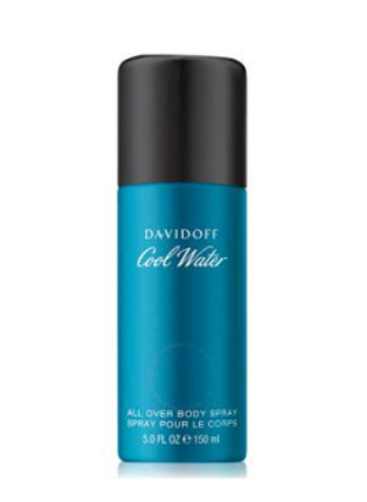 A Davidoff Cool Water all over body spray bottle with a black cap and a bright teal blue body, shown on a plain white background.