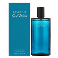 Davidoff Cool Water Eau de Toilette bottle in translucent blue glass next to its teal-blue packaging box, featuring a black cap on the bottle.