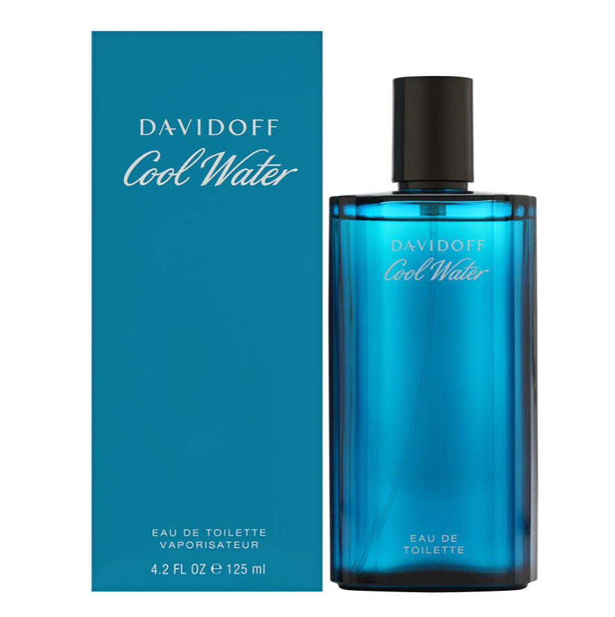Davidoff Cool Water Eau de Toilette bottle in translucent blue glass next to its teal-blue packaging box, featuring a black cap on the bottle.