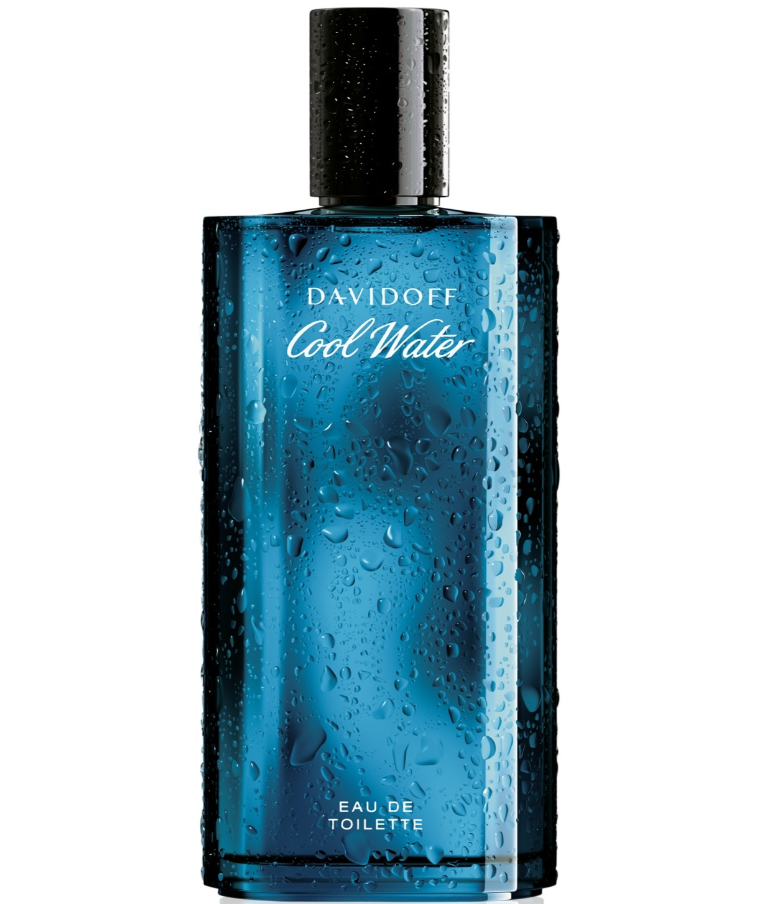 Davidoff Cool Water Eau de Toilette bottle in a translucent blue glass with water droplets, featuring a black cap and white text, isolated on a white background.
