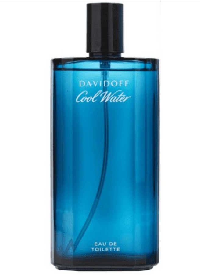 A Davidoff Cool Water Eau de Toilette bottle, featuring a translucent blue glass body with a black cap, set against a plain white background.