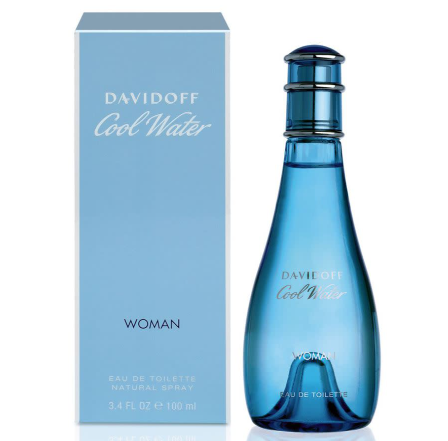 Davidoff Cool Water Woman Eau de Toilette bottle in translucent blue glass next to its light blue packaging box, on a white background.