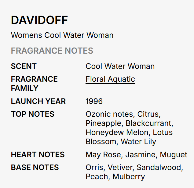 A text-based fragrance notes card for DAVIDOFF 'Womens Cool Water Woman' on a light gray background. It lists fragrance notes including Scent: Cool Water Woman, Family: Floral Aquatic, Launch Year: 1996, and lists top and base notes.