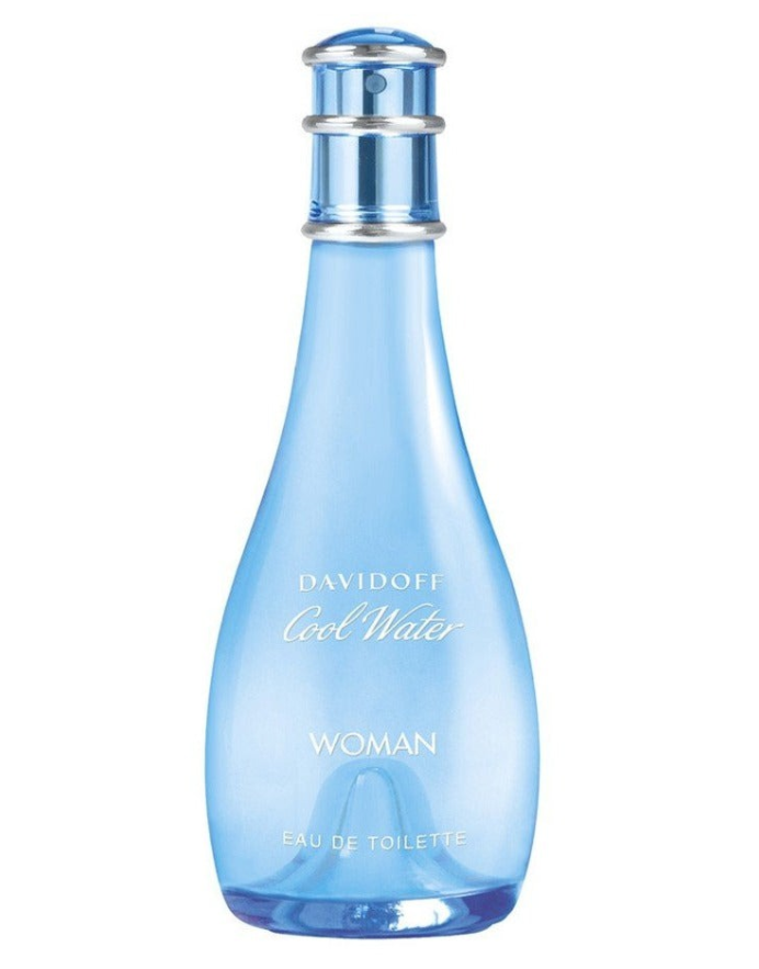 A light blue glass bottle of Davidoff Cool Water Woman Eau de Toilette with a silver metallic cap, set against a plain white background.