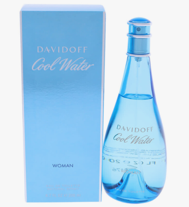 Davidoff Cool Water Woman cologne bottle and its light blue packaging box, featuring a transparent blue bottle and cap with silver accents.