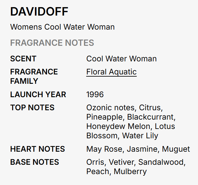 A text-based fragrance notes card for Davidoff Women's Cool Water Woman, listing scent, fragrance family, launch year, and top and base notes on a light gray background.