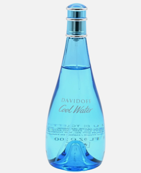 A Davidoff Cool Water Eau de Toilette bottle made of transparent light blue glass with a silver metallic cap, shown against a plain light gray background.