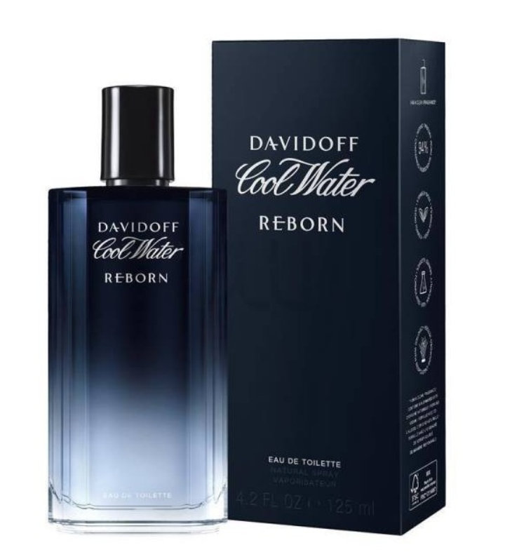 Davidoff Cool Water Reborn eau de toilette bottle with a black cap next to its dark navy blue packaging box, on a white background.