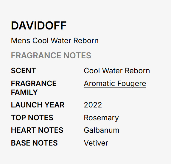 A text-based fragrance note card for Davidoff Mens Cool Water Reborn, showing scent, fragrance family, launch year, top notes, heart notes, and base notes on a light gray background.