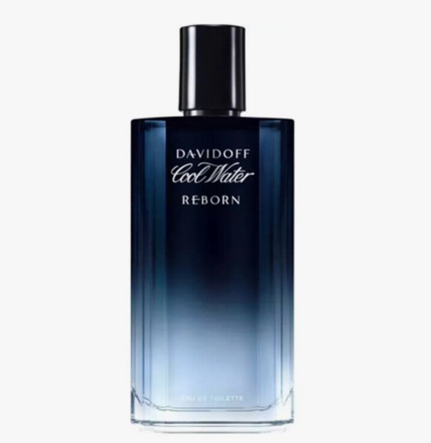 Davidoff Cool Water Reborn Eau de Toilette bottle, featuring a dark blue to light blue gradient glass design with a black cap, on a light gray background.