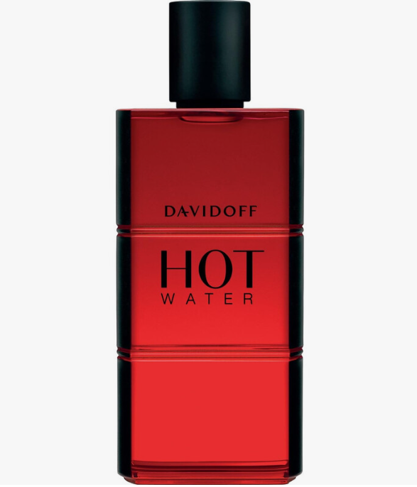 A bottle of Davidoff Hot Water fragrance, featuring a translucent red rectangular glass bottle with a matte black cap and black lettering on the front, set against a plain white background.