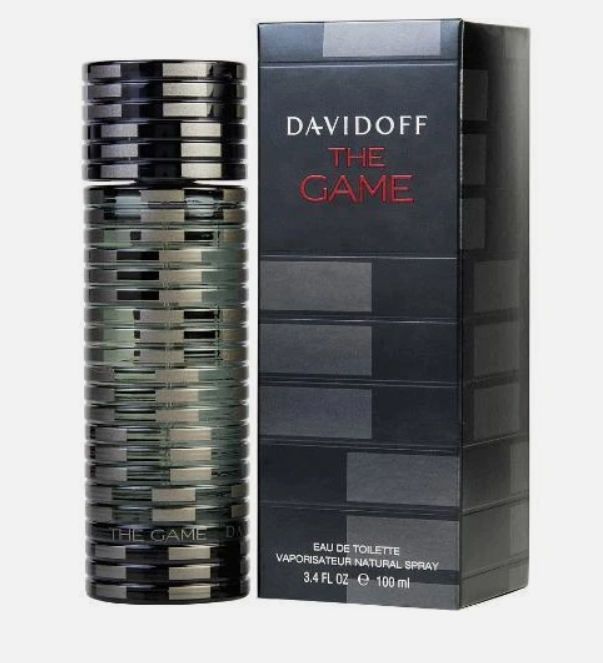 Davidoff The Game Eau de Toilette bottle and packaging box, featuring a dark metallic striped cylindrical bottle and a black box with red and white text.