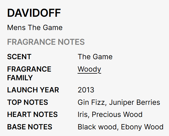 A text-based fragrance notes card for Davidoff's 'Mens The Game' with a light gray background and black text detailing scent, fragrance family, launch year, and notes.