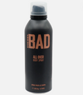 A can of Diesel Bad All Over Body Spray, featuring a matte black aerosol can with a clear cap and bold copper-orange lettering, set against a plain light gray background.