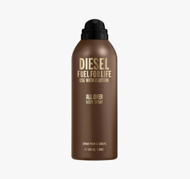 A brown aerosol can of Diesel Fuel for Life All Over Body Spray with a black nozzle cap, centered on a light gray background.
