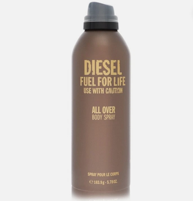 A brown aerosol can of Diesel Fuel For Life All Over Body Spray with gold lettering, set against a light gray background.