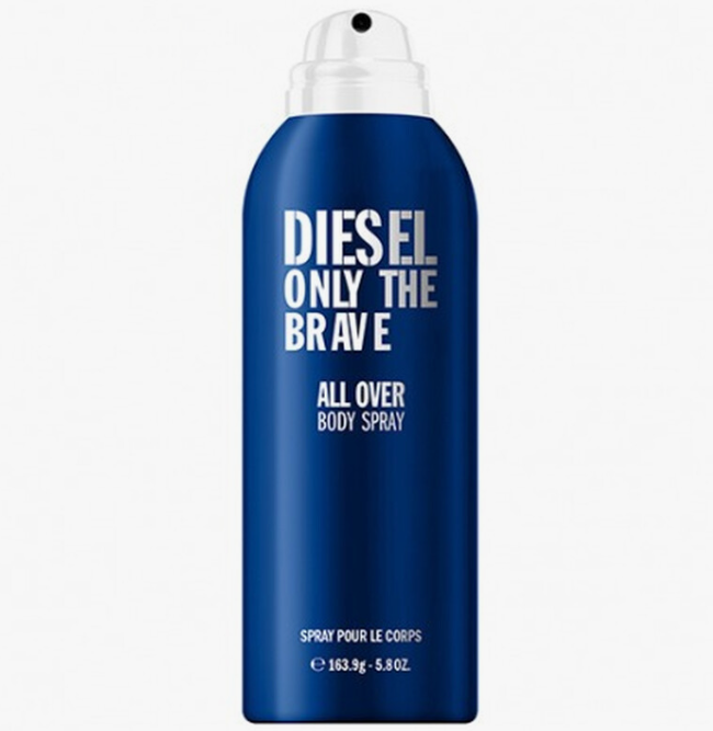 A blue aerosol can of Diesel Only The Brave All Over Body Spray with a white spray nozzle, shown against a plain white background.
