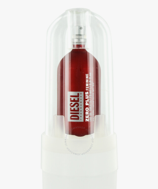 Diesel Zero Plus Red cologne bottle in a clear dome-shaped protective packaging case on a white background.