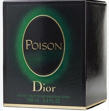 Dior Poison Eau de Toilette spray box, 100 ml. The packaging is black with a textured pattern, featuring a green circular gradient and gold lettering for the brand name 'Poison' and 'Dior'.