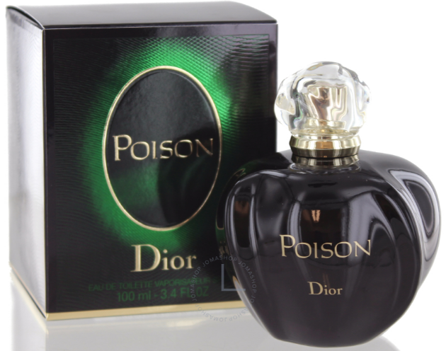 Dior Poison Eau de Toilette bottle and its original packaging box. The bottle is a glossy black pear-shaped glass with a faceted clear cap and gold lettering.