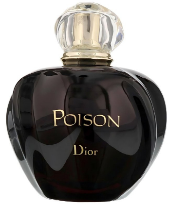 Dior Poison Eau de Parfum bottle, featuring a dark, glossy black glass body with gold lettering and a clear faceted cap, set against a plain white background.