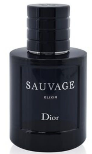 Dior Sauvage Elixir perfume bottle in glossy black glass with a matching black cap, featuring silver lettering on a white background.