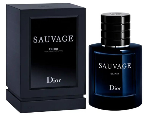 Dior Sauvage Elixir fragrance shown with a dark navy rectangular box and a matching dark blue bottle with a black cap on a white background.