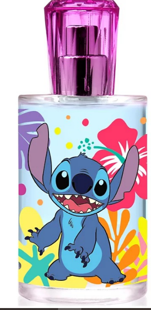 Disney Stitch perfume bottle with a vibrant tropical floral design featuring the character Stitch on a light blue background, topped with a shiny pink cap.