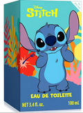 Disney Stitch Eau de Toilette 100 mL box packaging, featuring the character Stitch on a colorful tropical background with blue, teal, yellow, orange, and pink tones.