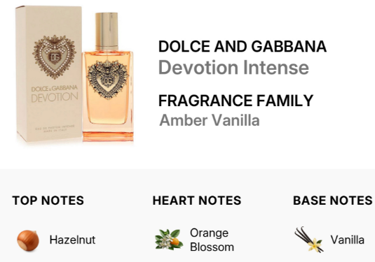 Dolce and Gabbana Devotion Intense fragrance bottle and packaging box on a white background, with text identifying the scent as Amber Vanilla and listing top, heart, and base notes.