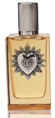 A bottle of Dolce & Gabbana perfume with amber-colored liquid, a silver ribbed cap, and a silver heart-and-sunburst logo on the front.