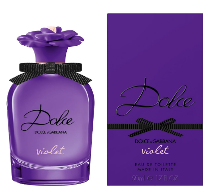 Dolce & Gabbana Dolce Violet Eau de Toilette bottle in purple glass with a black ribbon bow, shown next to its matching purple box packaging.